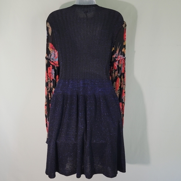 Free People Black Metallic Floral Knit Dress Sz S Ballon Sleeve Cottagecore Fall - Picture 3 of 12